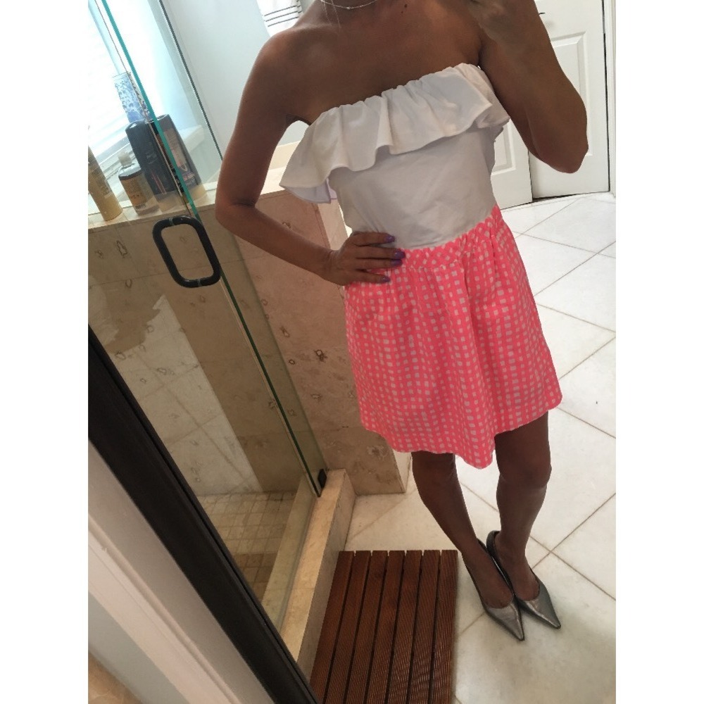 Lilly Pulitzer Women White Pink Ruffle Strapless Gingham Cotton Dress Size M